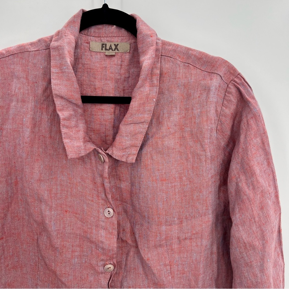Flax 100% Linen Button Down Peplum Shirt Blouse Top Heathered Pink M Pleated - Picture 2 of 10